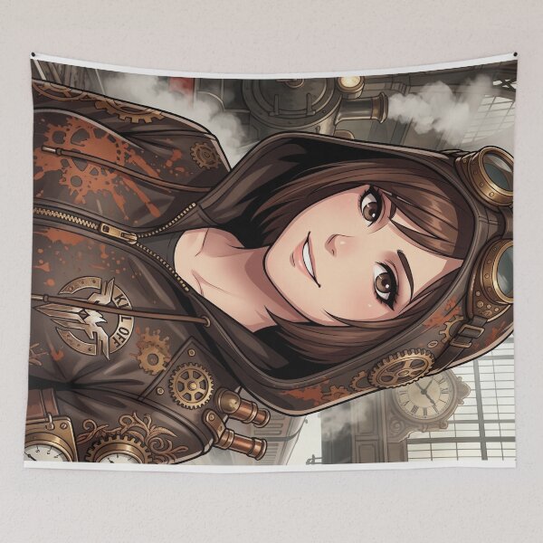 Item preview, Steampunk Adventurer in Leather Hoodie at Train Station designed and sold by Vyxorea.