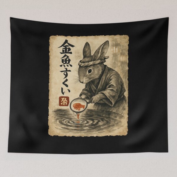 Item preview, Rabbit Goldfish Bowl Japanese Ink Illustration designed and sold by SiarheiYur.