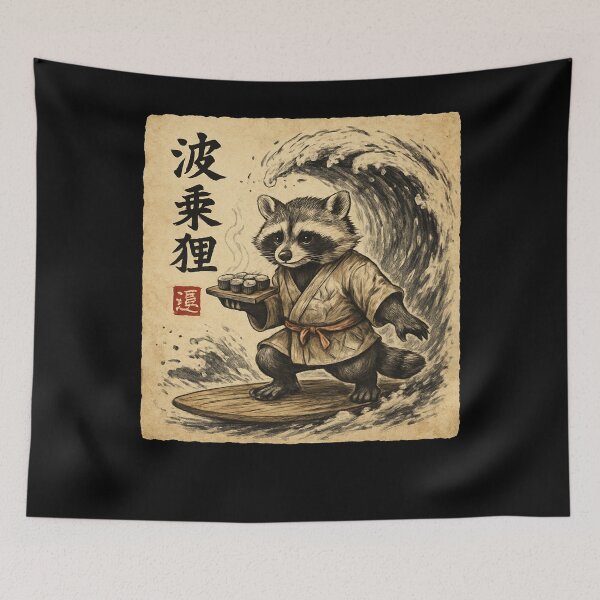 Item preview, Surfing Raccoon Sushi Samurai Wave Art designed and sold by SiarheiYur.