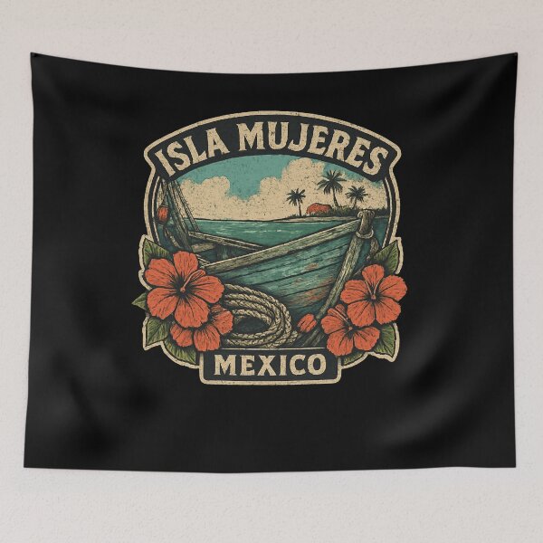 Item preview, Isla Mujeres Coastal Boat Scene Vintage Art designed and sold by SiarheiYur.