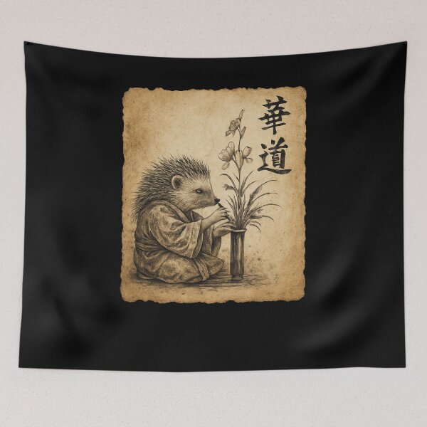 Item preview, Hedgehog Ikebana Flower Arrangement Ink Art designed and sold by SiarheiYur.