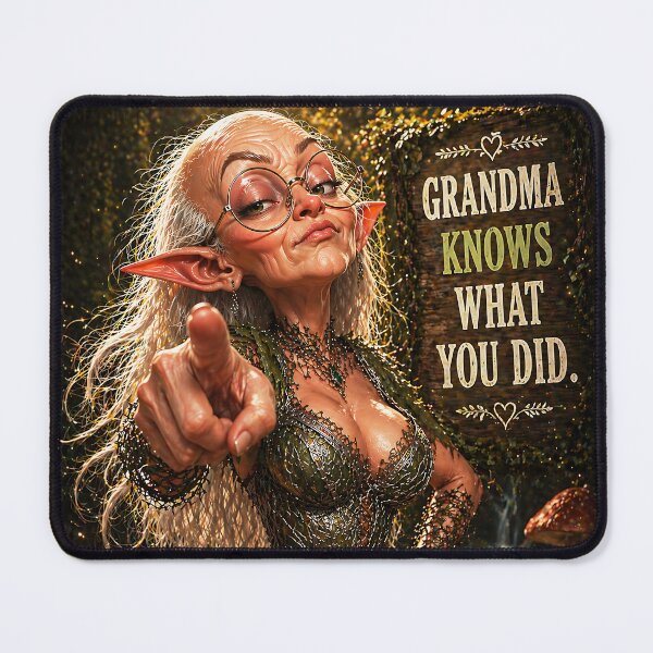 Item preview, Funny Elf Grandma Pointing – “Grandma Knows What You Did” – Fantasy Meme Art designed and sold by thor81pl.