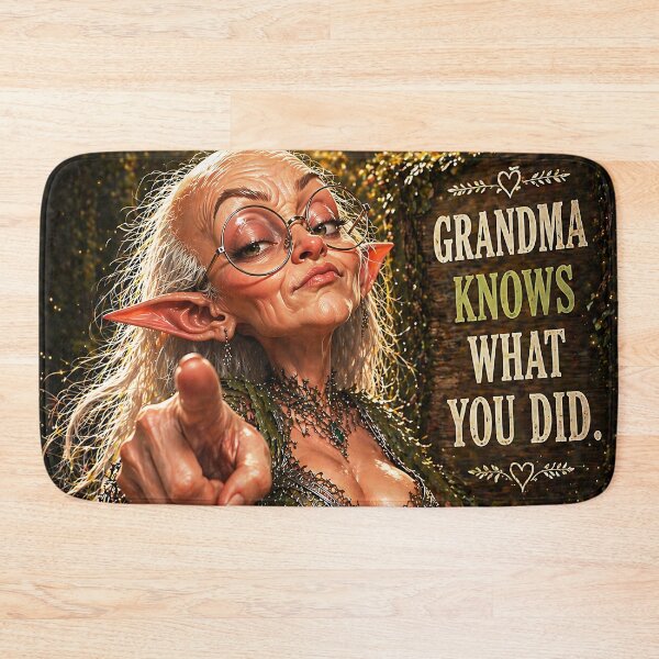 Item preview, Funny Elf Grandma Pointing – “Grandma Knows What You Did” – Fantasy Meme Art designed and sold by thor81pl.