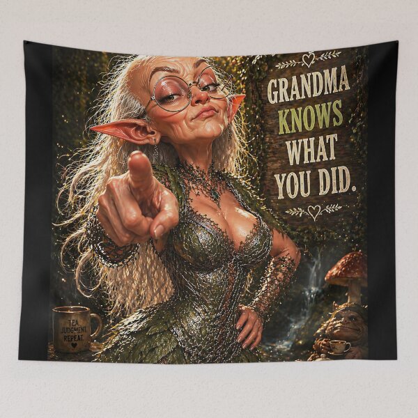 Item preview, Funny Elf Grandma Pointing – “Grandma Knows What You Did” – Fantasy Meme Art designed and sold by thor81pl.