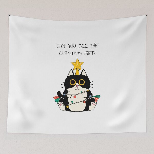 Item preview, Sneaky Holiday Cat Wrapped in Lights Guarding a Secret Gift designed and sold by TheCozyCarrier.