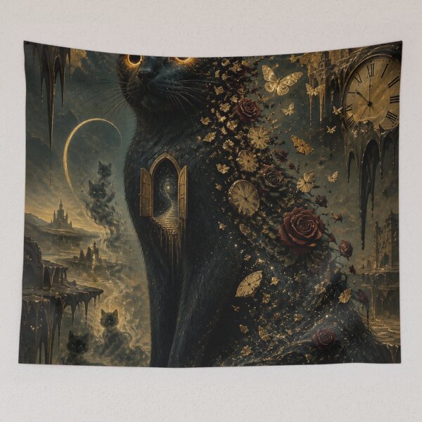 Item preview, Surreal Cosmic Black Cat Wall Art | Dark Fantasy Dreamscape Print | Gothic Galaxy Cat Fine Art Poster designed and sold by IconicDesignsXd.
