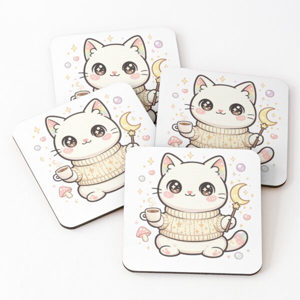 Item preview, Kawaii Magical Cat Sticker | Cute Coffee Cat with Moon Wand | Pastel Cozy Cat Illustration designed and sold by IconicDesignsXd.