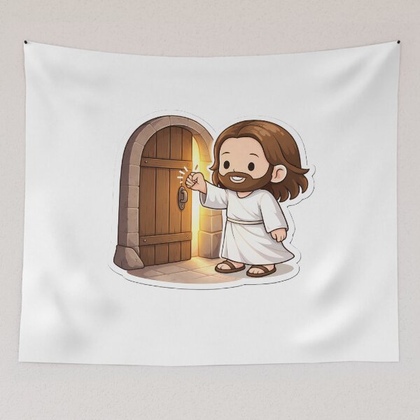 Item preview, Chibi Jesus Knocking Door Cute Christian Sticker Revelation 3:20 designed and sold by Faithlines.