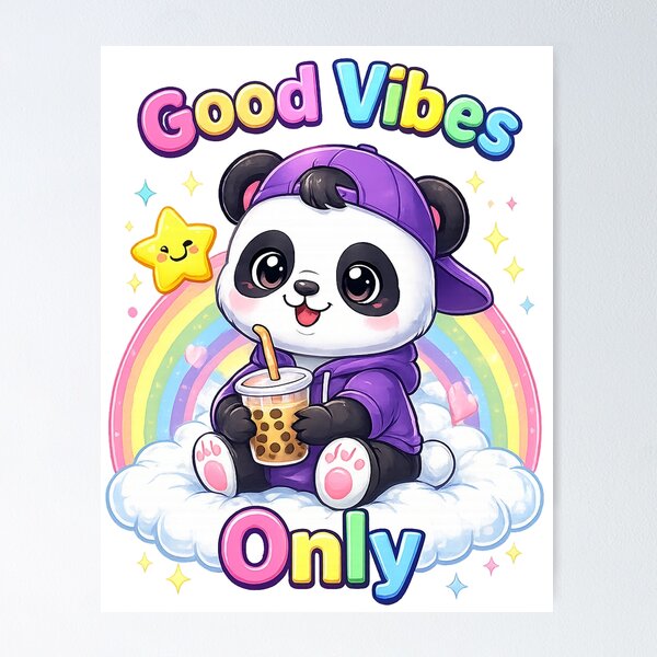 Item preview, Good Vibes Only Panda Shirt – Cute Kawaii Bubble Tea Animal Positive Design designed and sold by Clothes With Smiling Animals Walt Gral.