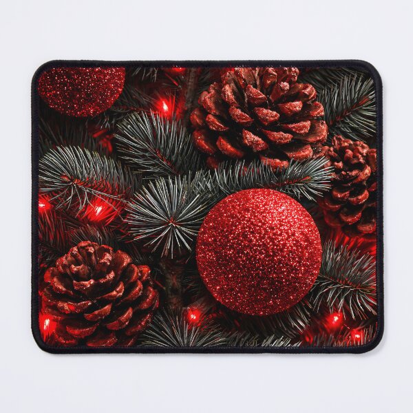 Item preview, Red Christmas Ornaments and Pine Cones – Elegant Holiday Evergreen Print designed and sold by Kaleidoscope Print.