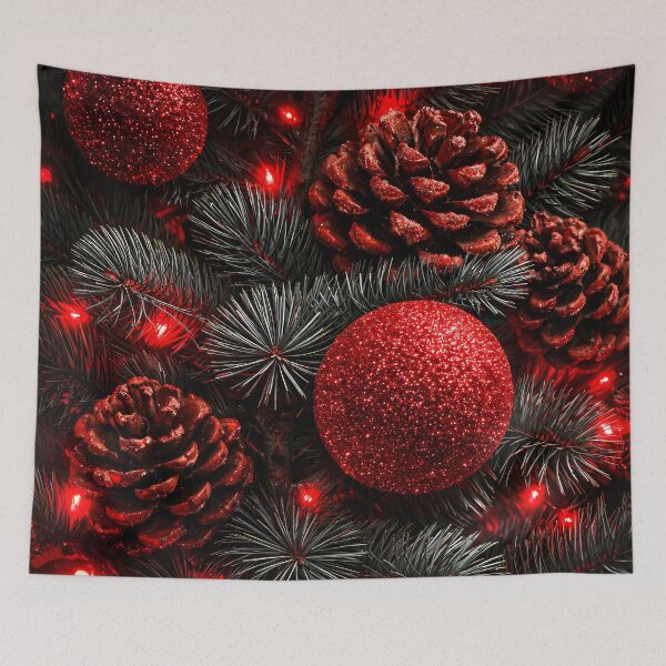 Item preview, Red Christmas Ornaments and Pine Cones – Elegant Holiday Evergreen Print designed and sold by Kaleidoscope Print.