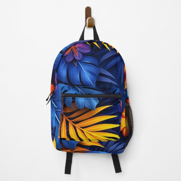 Item preview, Blue Tropical Monstera Leaves and Orange Hibiscus – Exotic Jungle Floral Print designed and sold by Kaleidoscope Print.