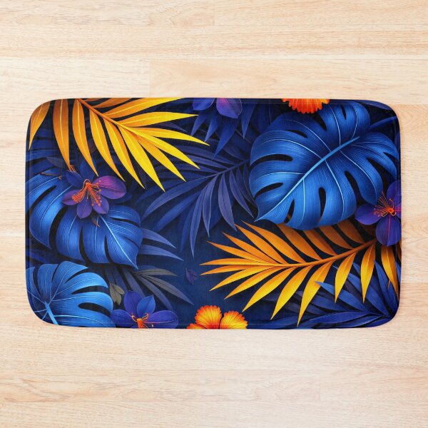 Item preview, Blue Tropical Monstera Leaves and Orange Hibiscus – Exotic Jungle Floral Print designed and sold by Kaleidoscope Print.
