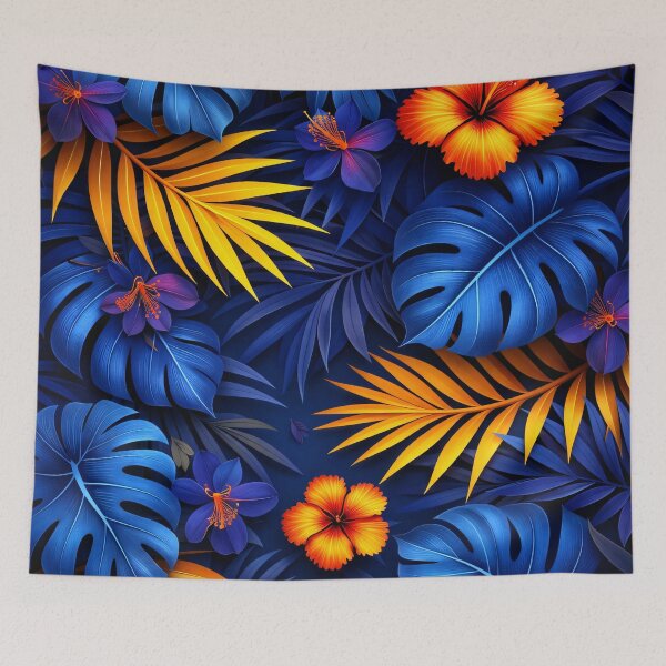 Item preview, Blue Tropical Monstera Leaves and Orange Hibiscus – Exotic Jungle Floral Print designed and sold by Kaleidoscope Print.