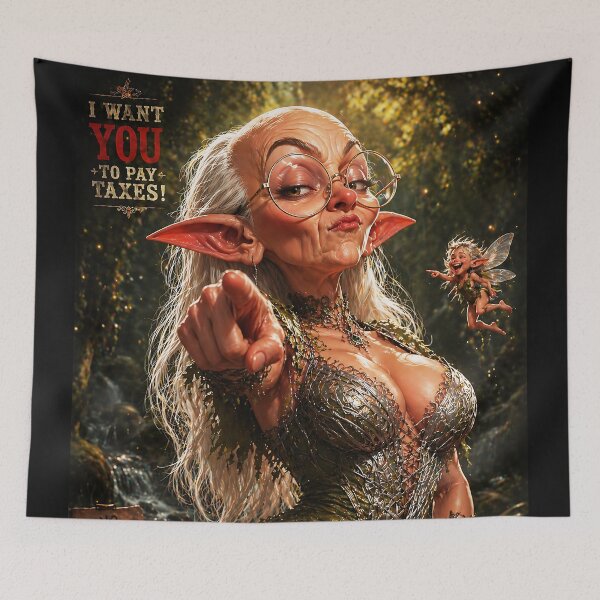 Item preview, Funny Elf Grandma Pointing – “I Want You to Pay Taxes” – Fantasy Meme Art Poster designed and sold by thor81pl.