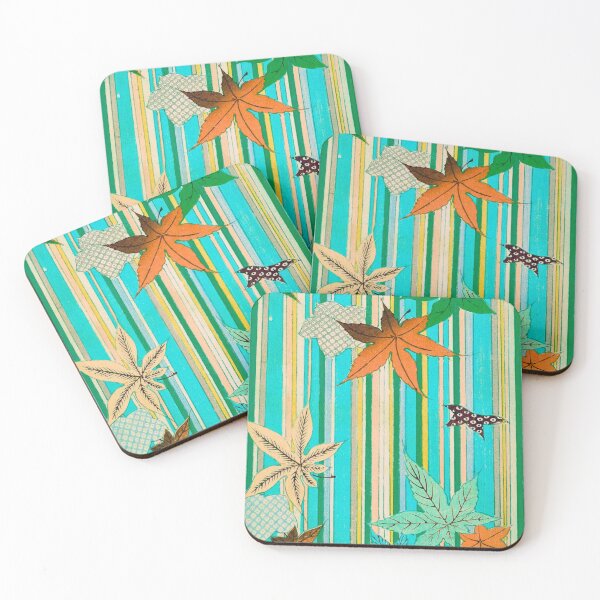 Item preview, Momiji II — Japanese Autumn Maple Leaves on Teal Stripe designed and sold by LouDSarG.