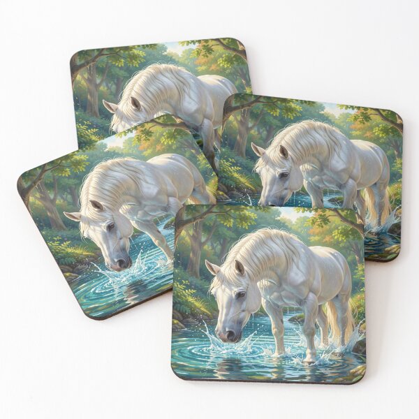 Item preview, White Horse in Forest Stream with Soft Sunlight and Natural Serenity in a Peaceful Atmosphere designed and sold by FotoworldEdel.