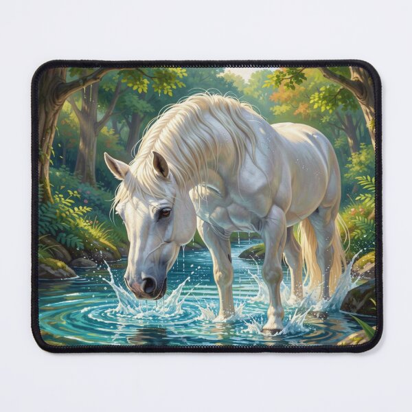 Item preview, White Horse in Forest Stream with Soft Sunlight and Natural Serenity in a Peaceful Atmosphere designed and sold by FotoworldEdel.