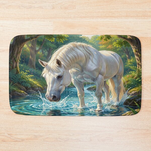Item preview, White Horse in Forest Stream with Soft Sunlight and Natural Serenity in a Peaceful Atmosphere designed and sold by FotoworldEdel.