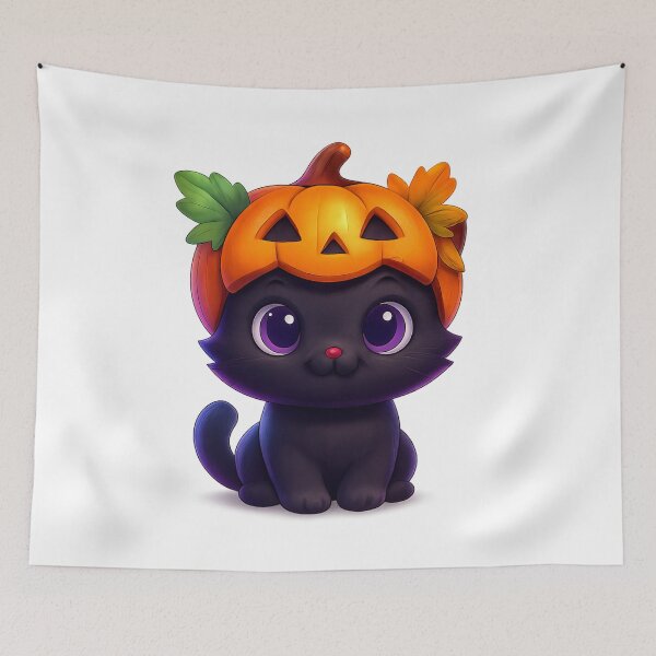 Item preview, Cute Cat with Pumpkin Helmet | Kawaii Autumn Kitty with Leaves | Adorable Fall Cat Illustration designed and sold by PrintCreations9.