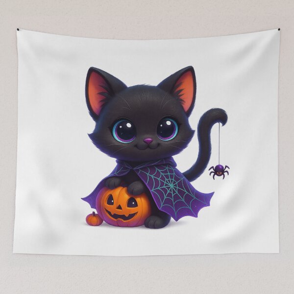 Item preview, Cute Spiderweb Cloak Cat | Kawaii Halloween Kitty with Tiny Spider | Spooky Cute Cat Illustration designed and sold by PrintCreations9.