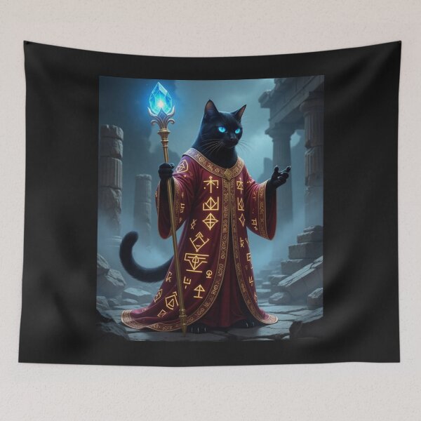 Item preview, Mystical Black Cat Sorcerer in Ancient Ruins designed and sold by ZunZunArt.
