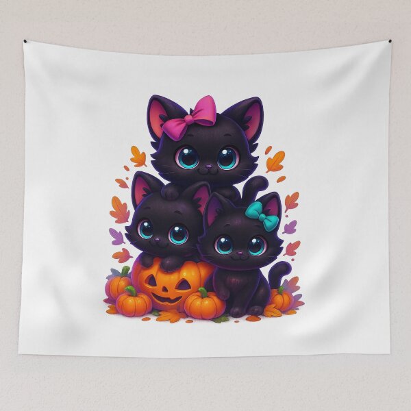 Item preview, Three Kittens Pumpkin Stack | Kawaii Cats with Bows | Cute Autumn Halloween Cat Illustration designed and sold by PrintCreations9.
