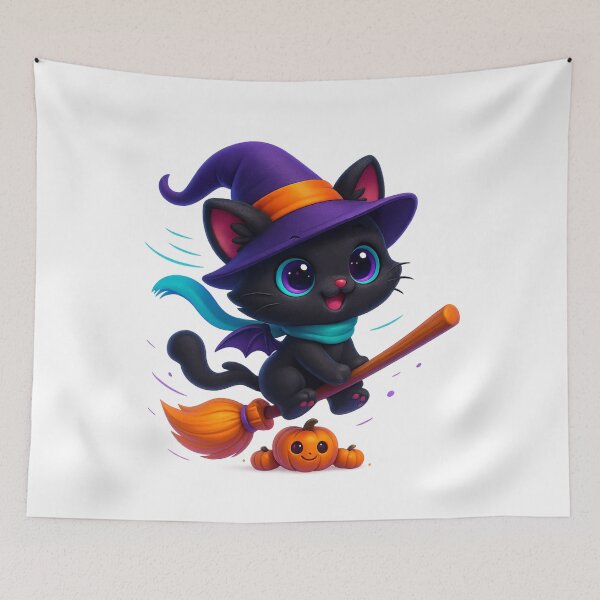 Item preview, Flying Witch Cat on Broom | Windy Kawaii Kitty Ride | Cute Magical Cat Illustration designed and sold by PrintCreations9.