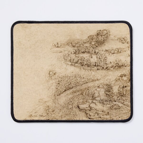 Item preview, A River Landscape by Leonardo da Vinci Renaissance Landscape Drawing Art Print designed and sold by artofuniverse.
