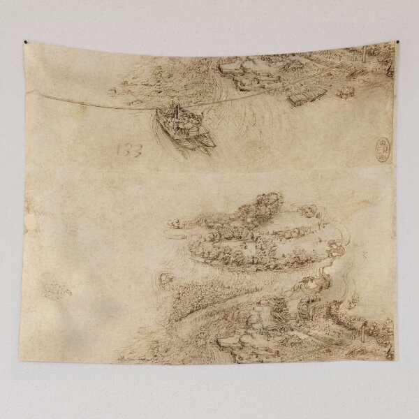 Artikelvorschau, Flusslandschaft von Leonardo da Vinci, Renaissance-Landschaftszeichnung, Kunstdruck entworfen und verkauft von artofuniverse.
