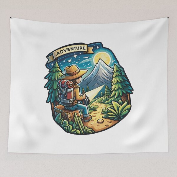 Item preview, Adventure Awaits – Night Mountain Hiker with Headlamp Illustration designed and sold by BobaBunny76.