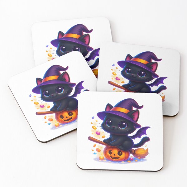 Item preview, Witch Cat Flying with Candy Sparks | Kawaii Broom Kitty | Cute Magical Halloween Cat Illustration designed and sold by PrintCreations9.