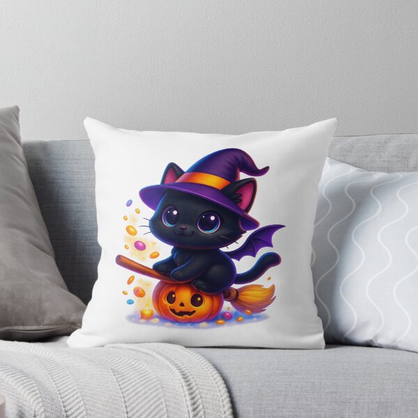 Item preview, Witch Cat Flying with Candy Sparks | Kawaii Broom Kitty | Cute Magical Halloween Cat Illustration designed and sold by PrintCreations9.