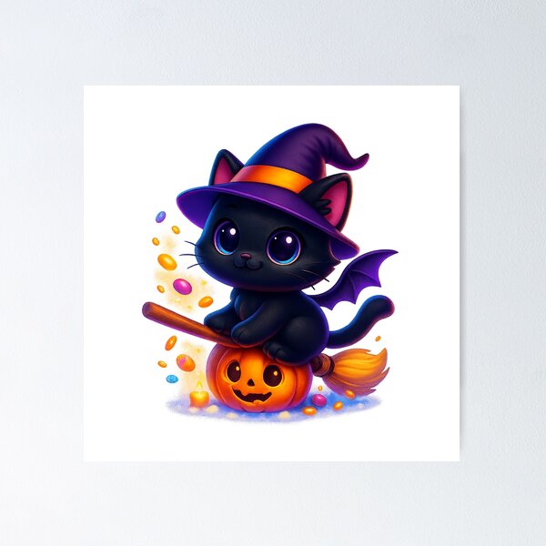 Item preview, Witch Cat Flying with Candy Sparks | Kawaii Broom Kitty | Cute Magical Halloween Cat Illustration designed and sold by PrintCreations9.