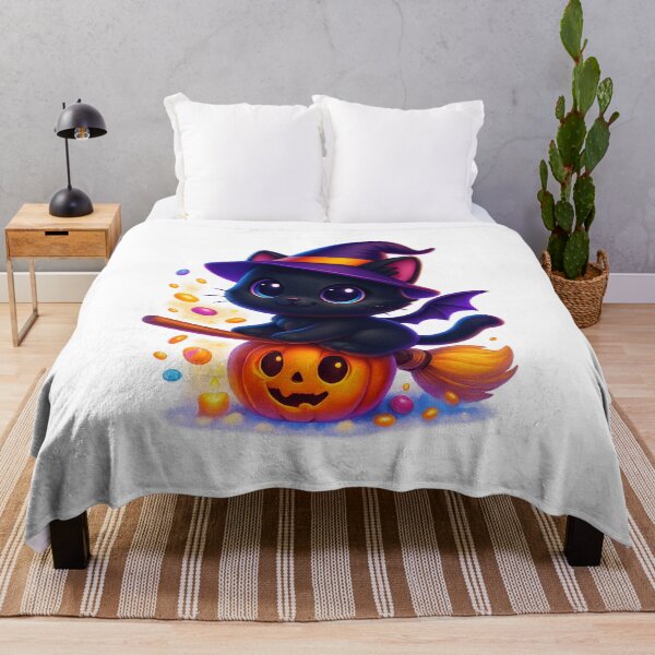 Item preview, Witch Cat Flying with Candy Sparks | Kawaii Broom Kitty | Cute Magical Halloween Cat Illustration designed and sold by PrintCreations9.