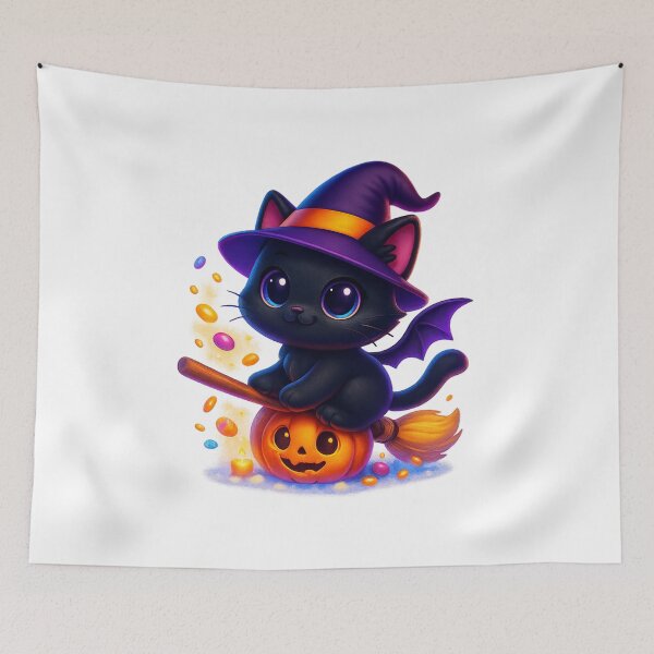 Item preview, Witch Cat Flying with Candy Sparks | Kawaii Broom Kitty | Cute Magical Halloween Cat Illustration designed and sold by PrintCreations9.