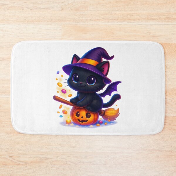 Item preview, Witch Cat Flying with Candy Sparks | Kawaii Broom Kitty | Cute Magical Halloween Cat Illustration designed and sold by PrintCreations9.