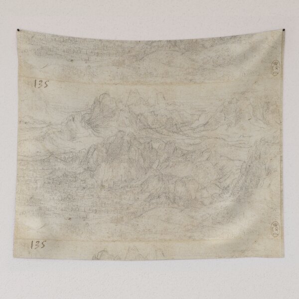 Item preview, A Mountainous Landscape by Leonardo da Vinci Renaissance Landscape Drawing Art Print designed and sold by artofuniverse.