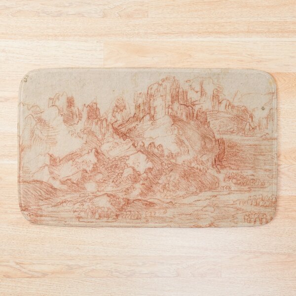 Item preview, A Mountainous Landscape by Leonardo da Vinci | Renaissance Landscape Drawing Art Print designed and sold by artofuniverse.