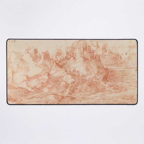 Item preview, A Mountainous Landscape by Leonardo da Vinci | Renaissance Landscape Drawing Art Print designed and sold by artofuniverse.