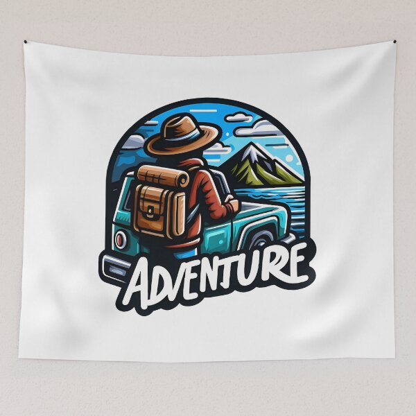 Item preview, Adventure Awaits – Hiker and Off-Road Vehicle Outdoor Illustration designed and sold by BobaBunny76.