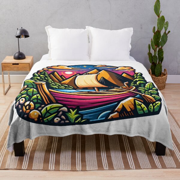 Item preview, Adventure Awaits – Wooden Boat Raft on River Nature Illustration designed and sold by BobaBunny76.