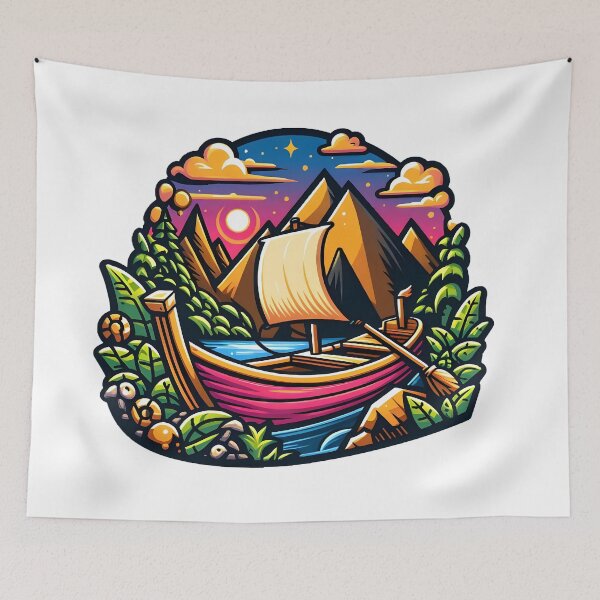 Item preview, Adventure Awaits – Wooden Boat Raft on River Nature Illustration designed and sold by BobaBunny76.