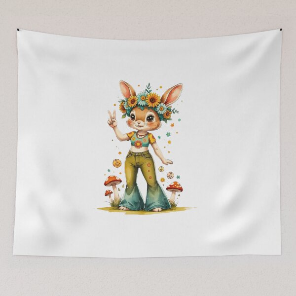 Item preview, Cute Boho Bunny with Flower Crown and Peace Sign 70s Art designed and sold by AQUILAKREO.