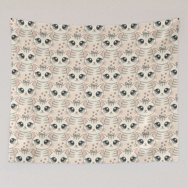 Item preview, Kawaii Bow Cat Pattern with Big Eyes and Paw Prints designed and sold by MegaNovaArt.