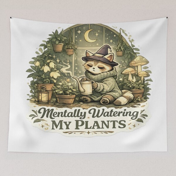 Item preview, Mentally Watering My Plants Cozy Witch Cat Botanical Aesthetic designed and sold by StickyGuys.