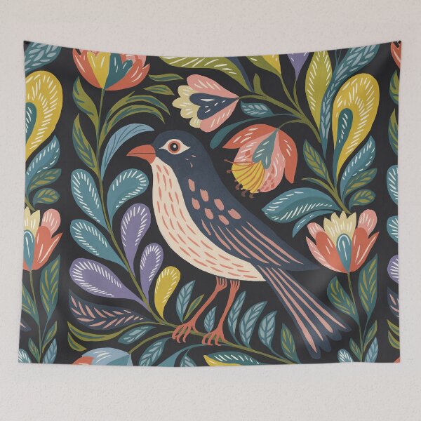 Item preview, Dark Floral Bird Print | Botanical Folk Bird Wall Art  designed and sold by Filora Atelier | Bird Art.