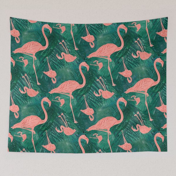 Item preview, Tropical Leaves and Flamingos Block Print Style designed and sold by PD-Coastal.
