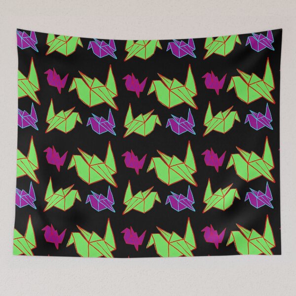 Item preview, Neon Origami Cranes on Bold Black Pattern designed and sold by artofthebart.
