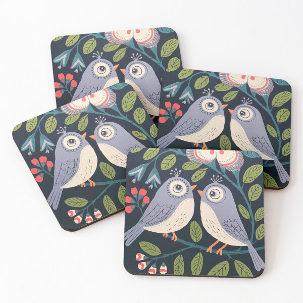 Item preview, Love Birds Wall Art |  Blue Folk Bird Pair with Floral Branch designed and sold by Filora Atelier | Bird Art.